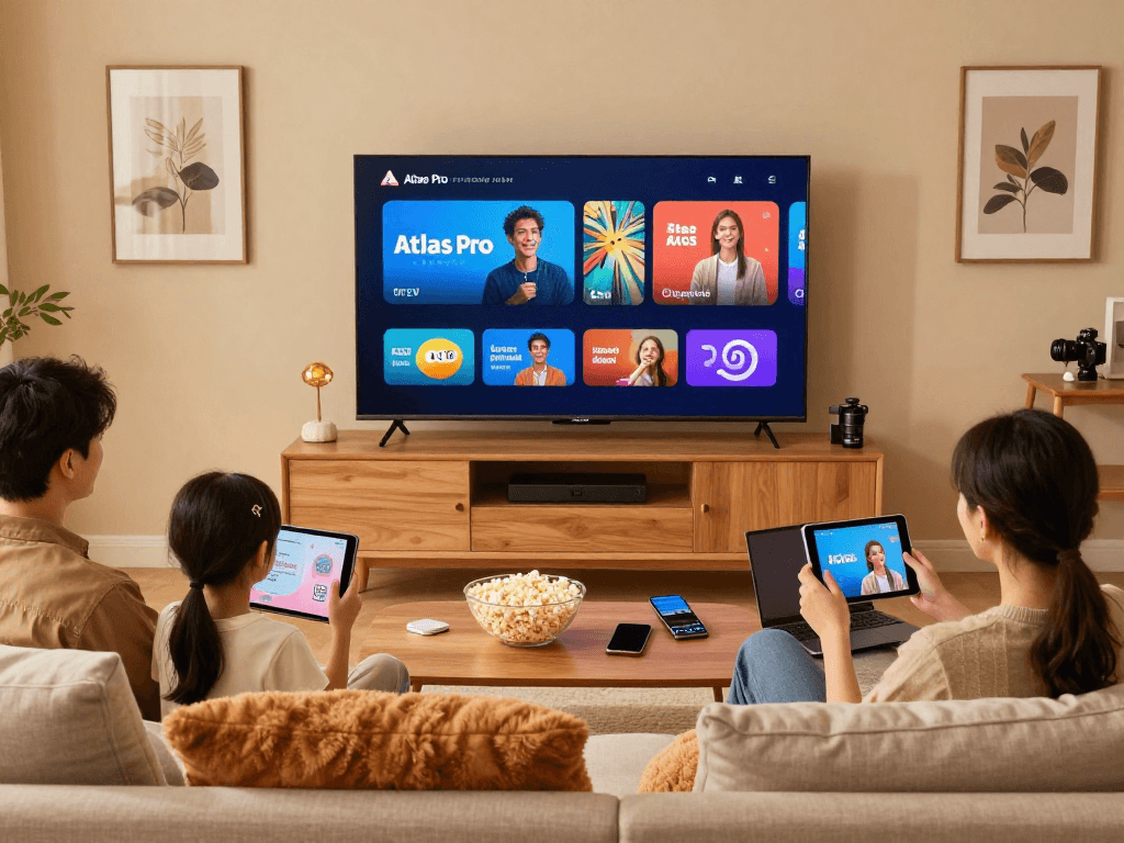 Une famille profitant d'Atlas Pro ONTV dans un salon confortable sur un grand écran, montrant l'expérience de divertissement familial.