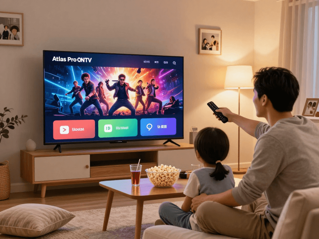 Famille profitant de l'application Atlas Pro ONTV pour une soirée cinéma à domicile.