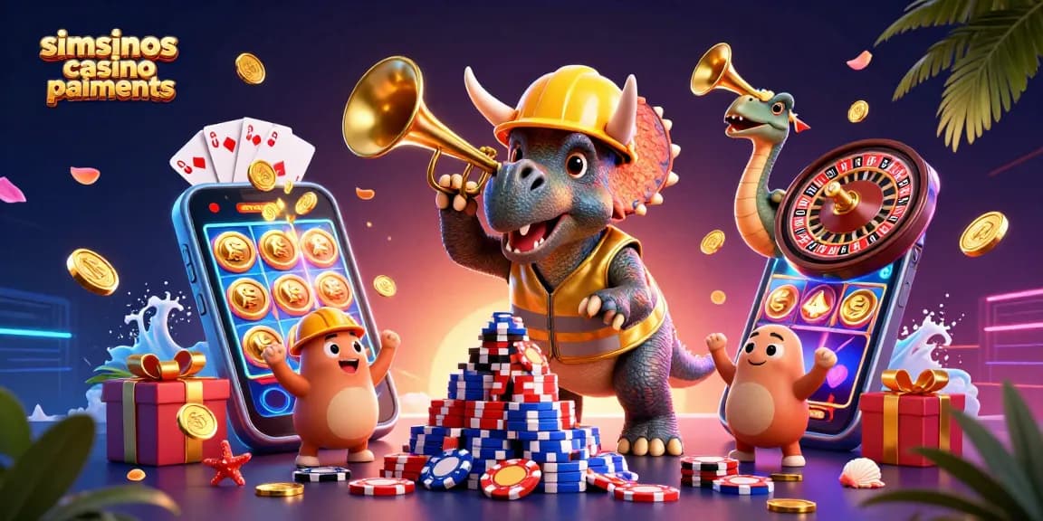Illustration dynamique présentant le caissier Simsinos et les paiements de casino en action