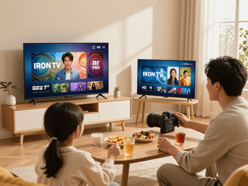 Famille profitant d'Iron TV avec contenu en HD et 4K dans un salon confortable.