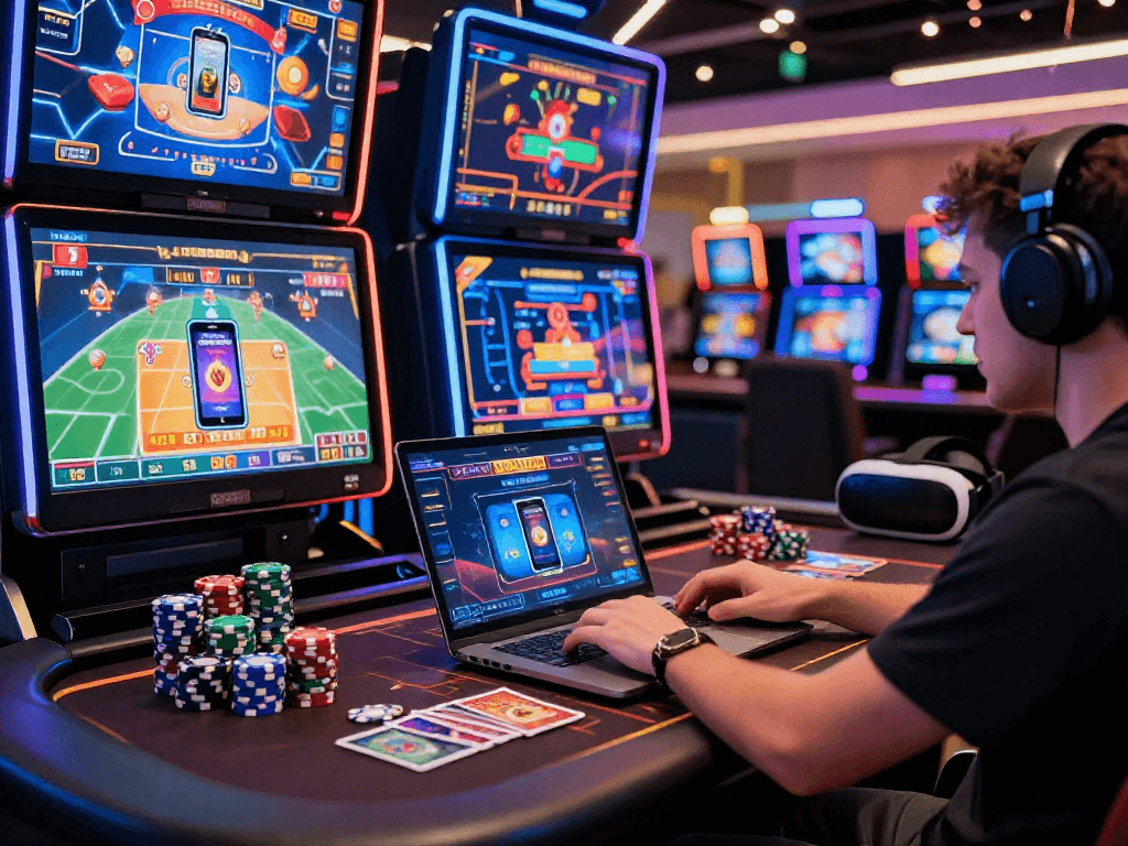 Scène d'un nouveau casino en ligne avec une personne jouant sur un ordinateur portable, ambiance excitante et festive.