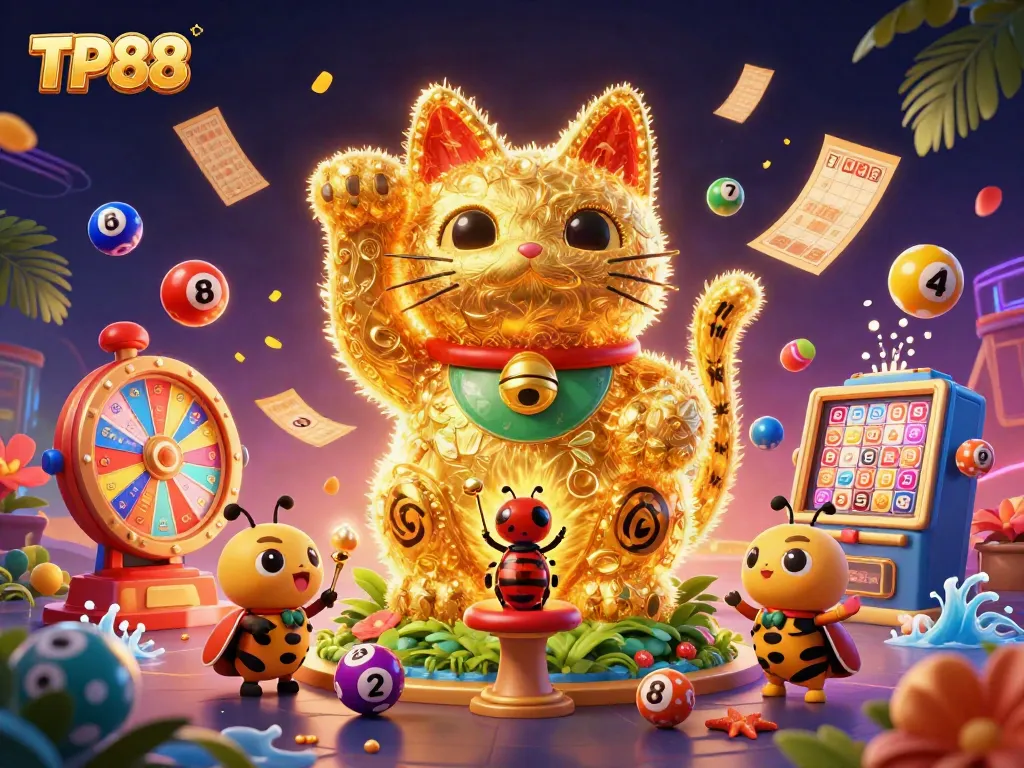 Experience thrilling casino entertainment at TP88 with vibrant gaming elements and a lucky cat waving!