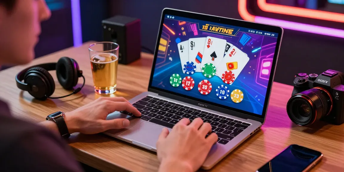 Joueur sur un casino en ligne retrait instantané, écran avec jetons et cartes virtuels dans une ambiance lumineuse.