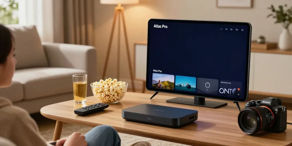 Expérience de streaming avec l'application Atlas Pro ONTV sur tablette dans un salon moderne.