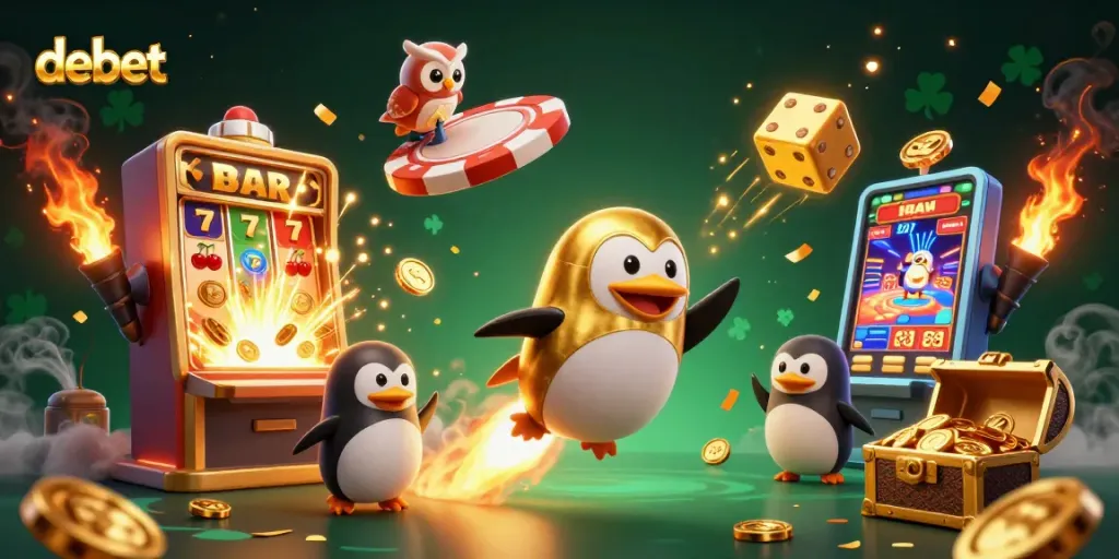 Experience debet’s thrilling universe through a colorful, vibrant casino-themed illustration featuring a golden penguin.