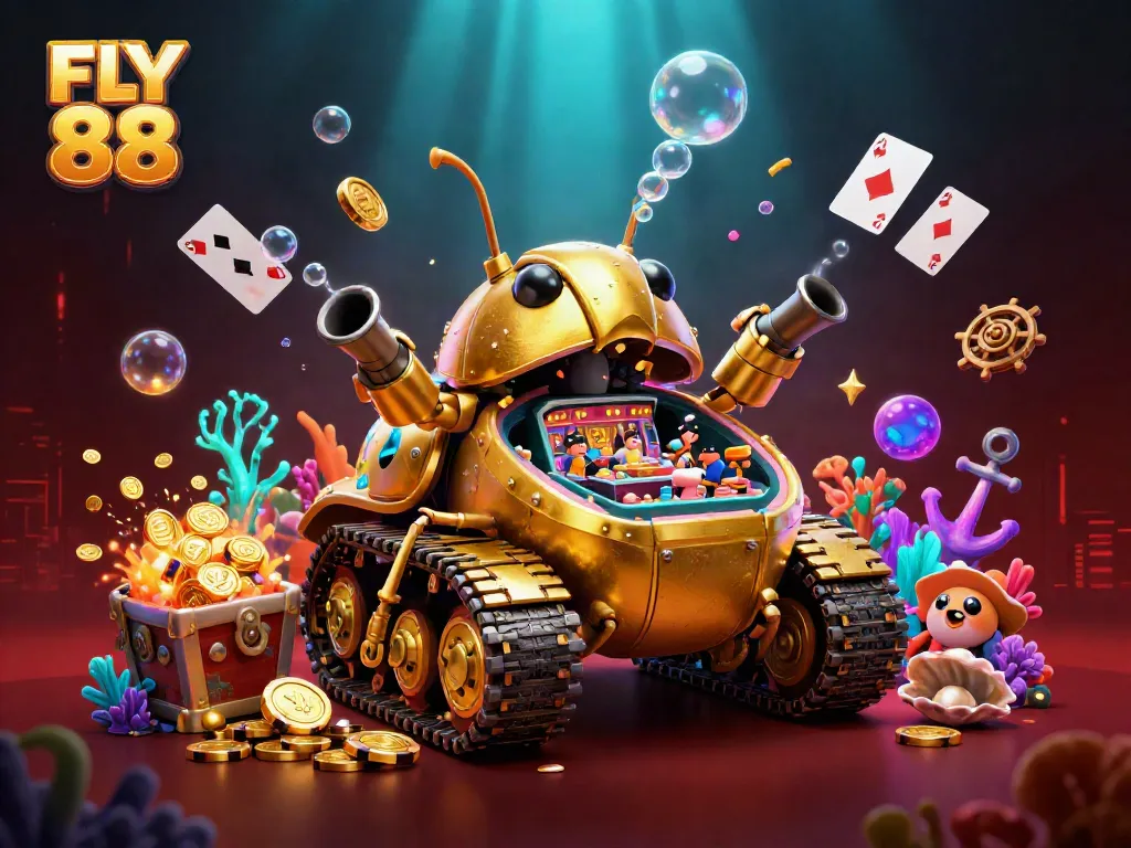 Engage with FLY 88, a vibrant casino concept in a creative golden beetle tank bursting with excitement.
