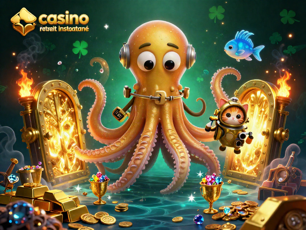Plongée dans un casino en ligne retrait instantané, avec un kraken légendaire et un chat plongeur entourés de trésors