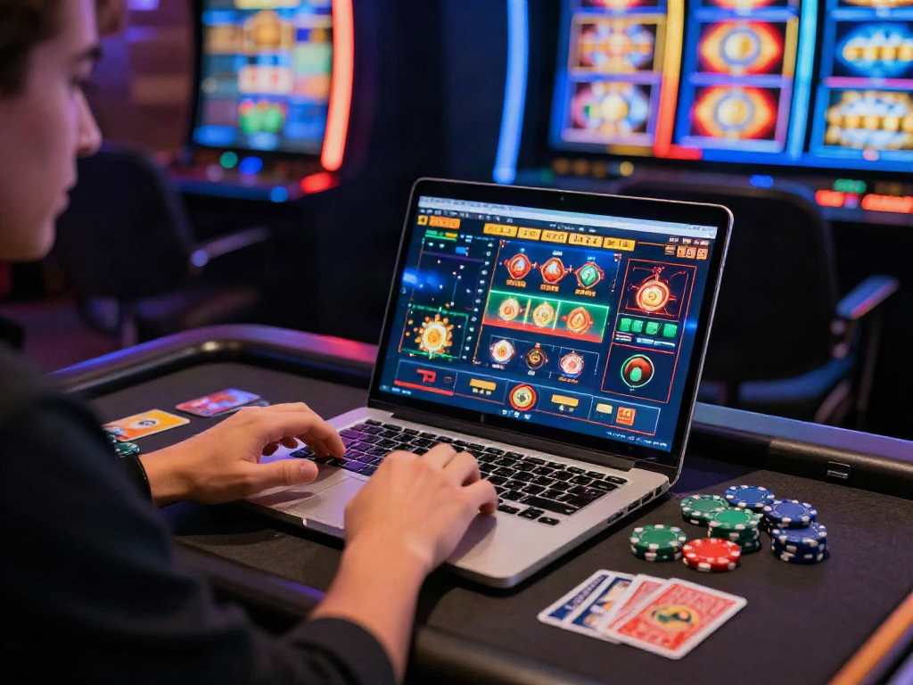 Le joueur au casino en ligne retrait instantané, passionné par ses gains, avec des jetons et cartes autour.