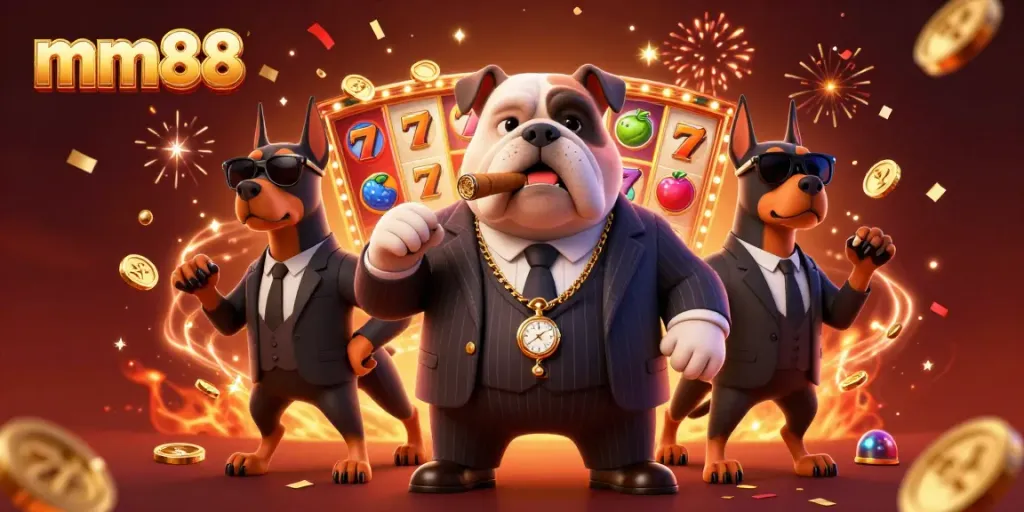 Experience thrilling gaming with mm88's vibrant casino scene featuring a mafia bulldog and elegant Doberman guards.