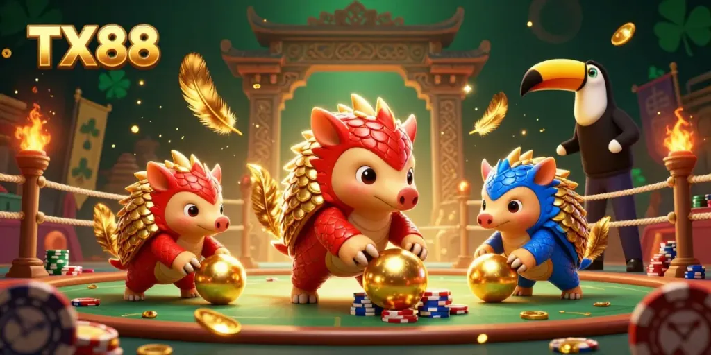 TX88 pangolins compete in a dynamic gambling scene with poker chips, golden scales, and a toucan referee.
