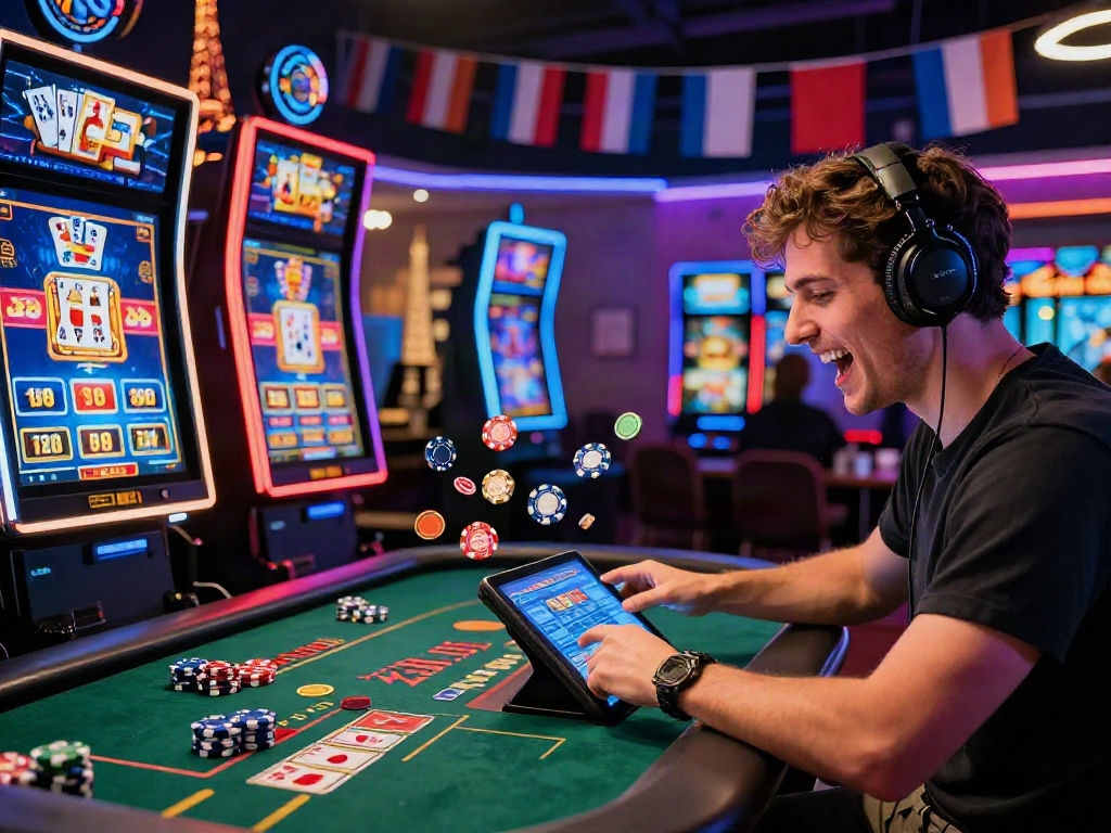 Joueur enthousiaste au casino en ligne français, entouré de machines à sous et de lumières néon.