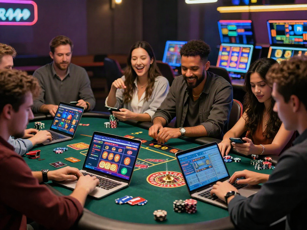 Casino en ligne retrait instantané : joueurs d'un casino virtuel célébrant leurs gains sur leurs appareils numériques.