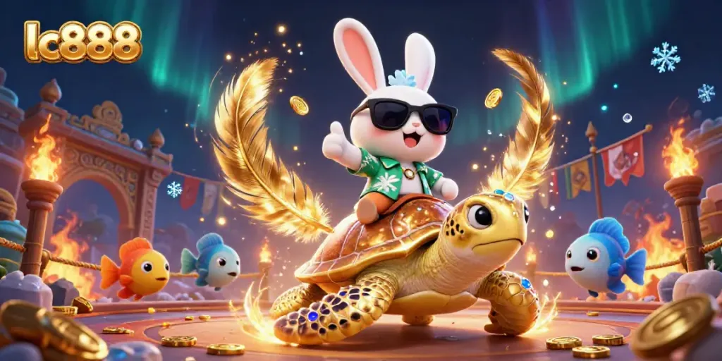 Experience excitement with lc888's colorful cartoon illustration featuring a lucky rabbit and a golden turtle.