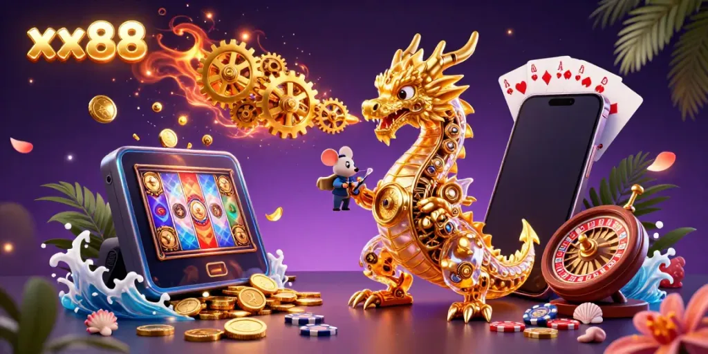 Experience the immersive world of xx88 with a golden dragon, captivating casino elements, and vibrant gaming visuals.