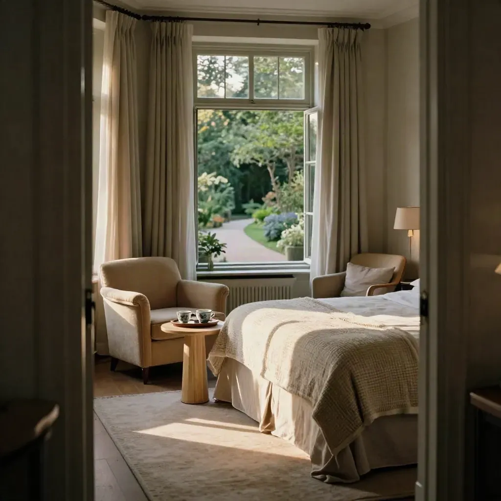 Chambre de boutique-hôtel ouverte sur un jardin, avec tasses, plaids et fauteuils assortis.
