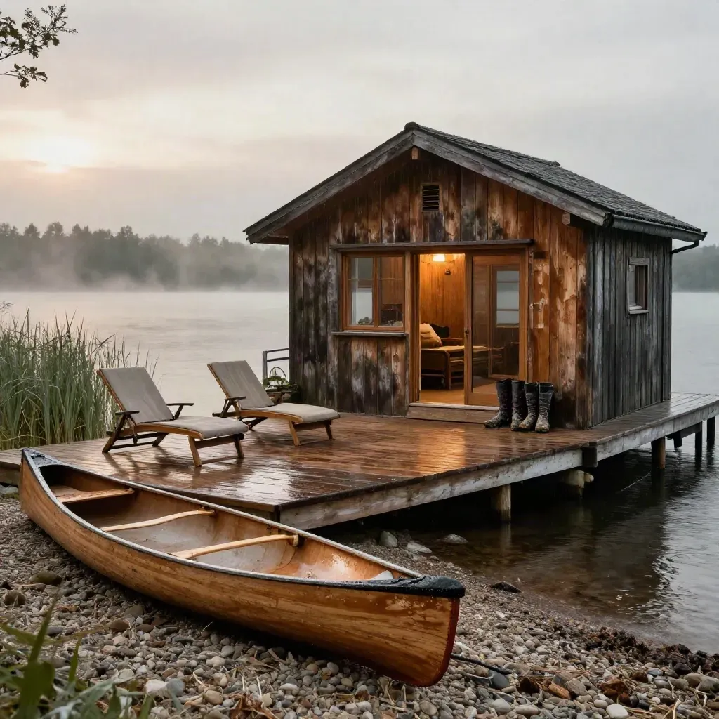 Chalet au bord d’un lac, canoë, chaises longues et brume sur l’eau