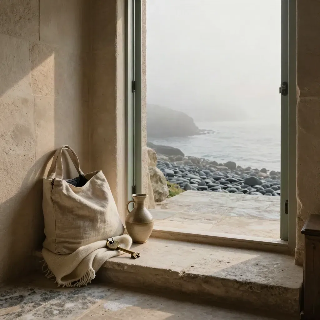 Entrée de maison d’hôtes côtière avec sac en lin, clé en laiton et vue brumeuse sur une anse.