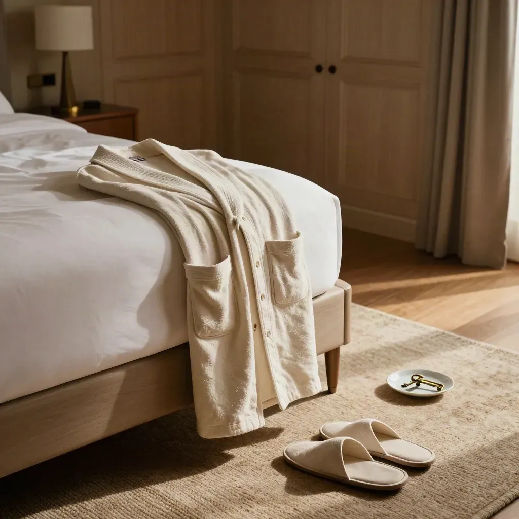 Chambre réservée, lit tiré, pantoufles, peignoir plié et clé en laiton au calme.