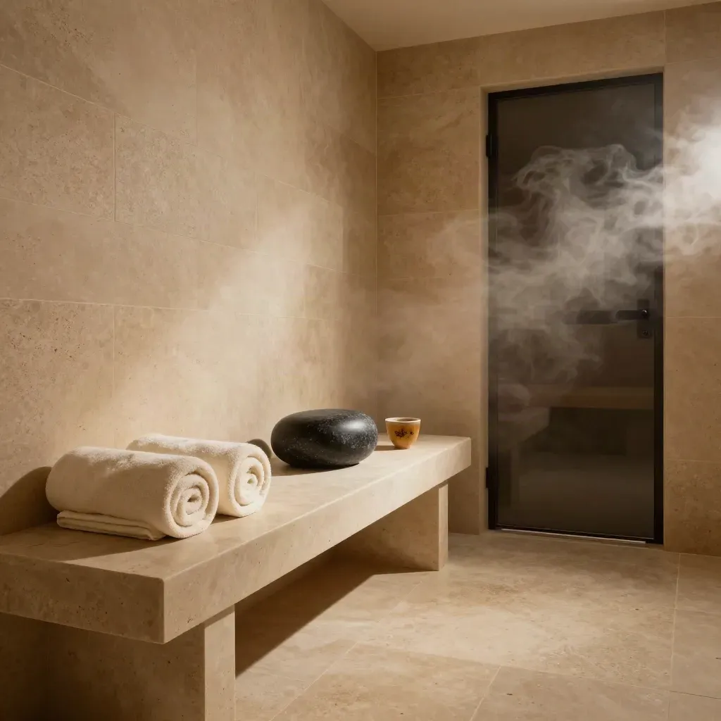 Spa en pierre avec banc, serviettes roulées, tasse d’infusion et vapeur sortant du sauna.