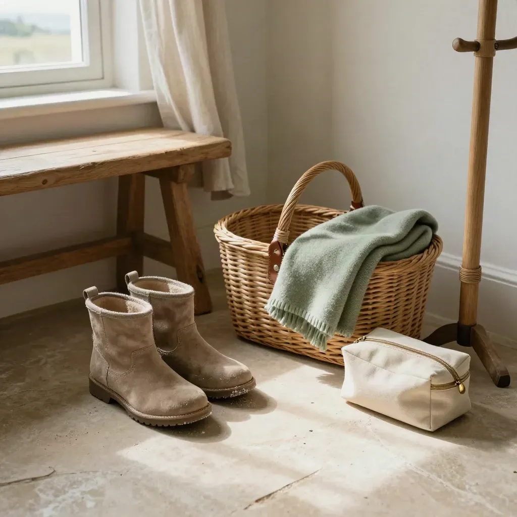 Kit de sortie familial au bord de mer avec bottes, panier pique-nique, plaid et trousse sur sol clair.