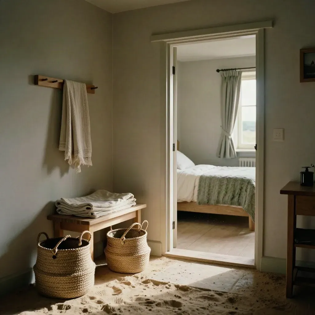 Entrée sablée d’une maison de vacances en Bretagne, paniers de plage, linge plié, chambre prête.