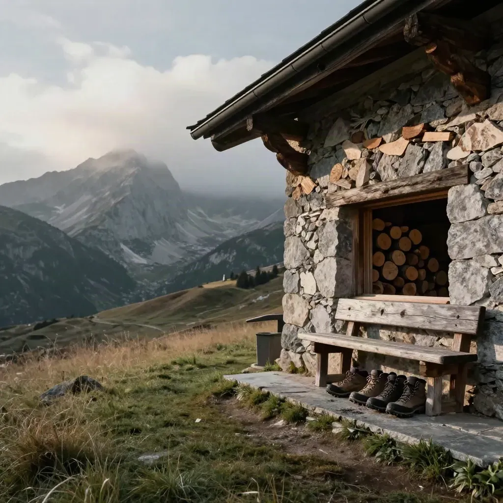 Refuge du Vercors, banc, bûches et chaussures de marche devant la vallée sous les nuages.