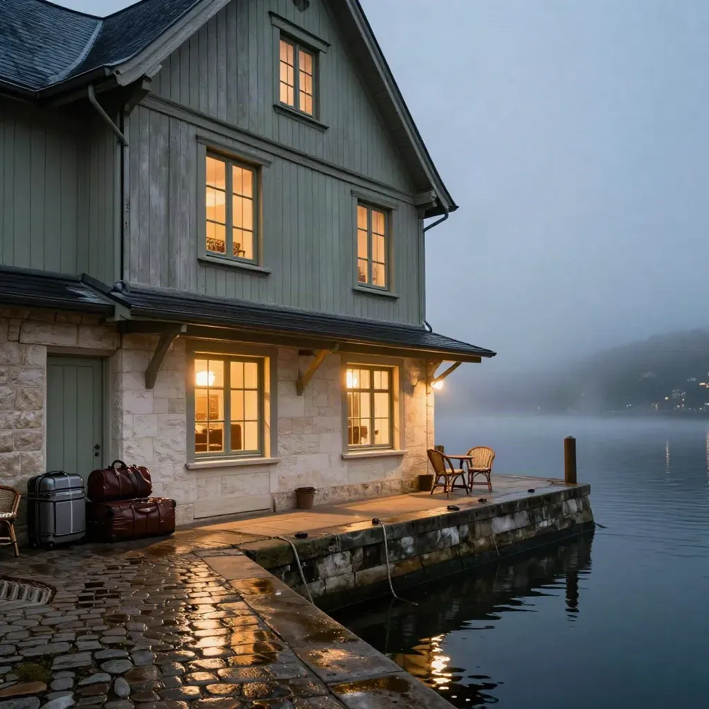 Façade d’auberge illuminée au bord du port avec valises au porche, au crépuscule.