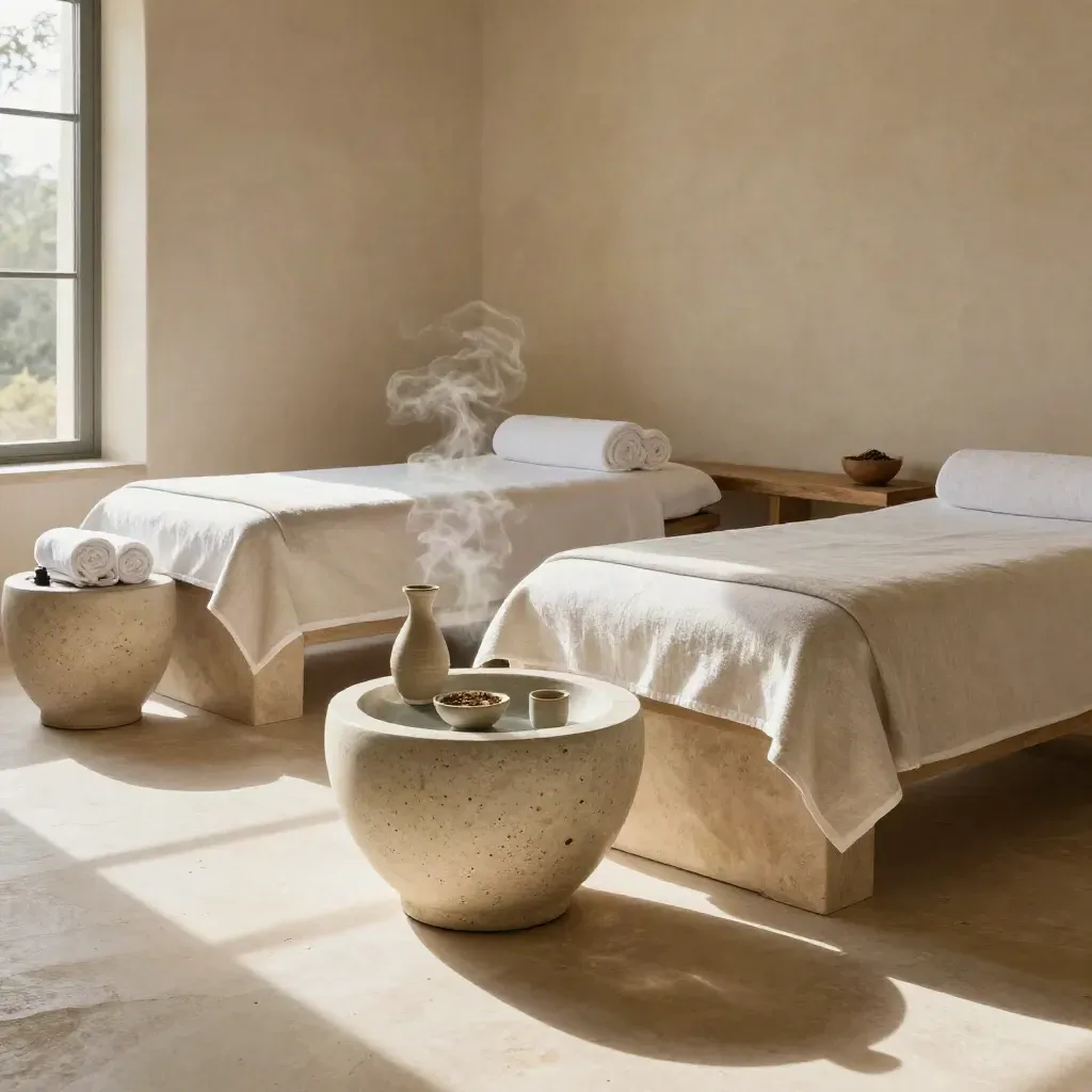 Salle de repos spa avec chaises longues en lin, bassin minéral et vapeur douce en Dordogne.