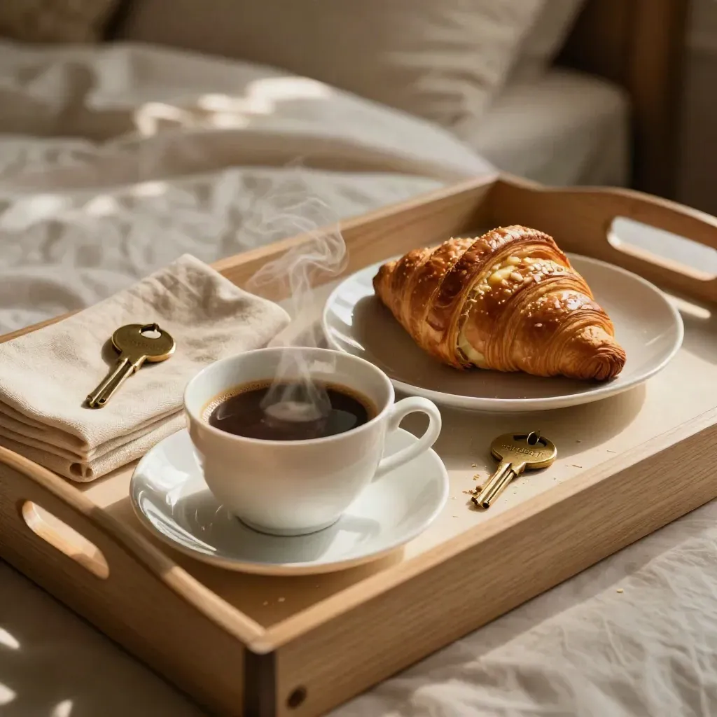 Plateau de petit-déjeuner en chambre avec café, viennoiserie, serviette en lin et clé d’hôtel.