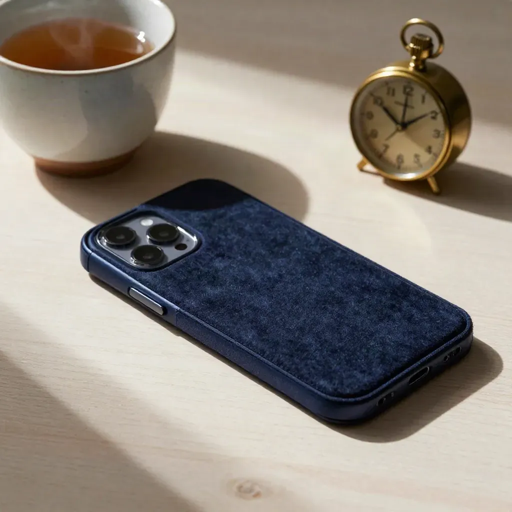 Smartphone face cachée, tasse en céramique et minuteur en laiton sur bois pâle.