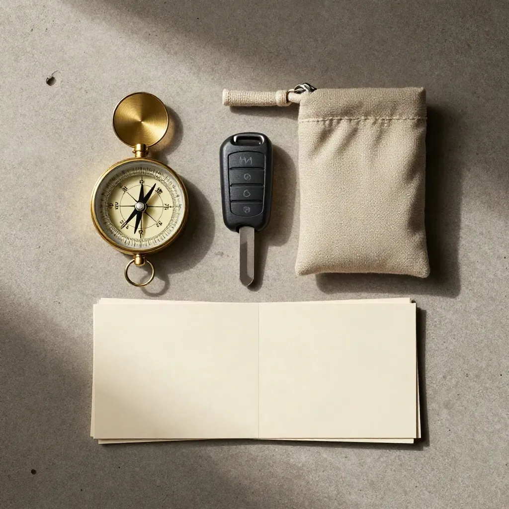 Boussole, clé de voiture et pochette de voyage sur béton clair, vue zénithale épurée.