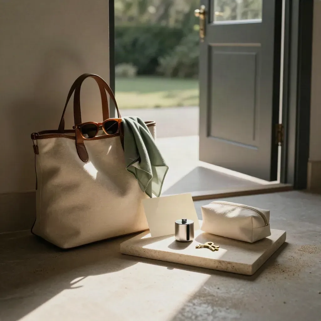 Tote de départ avec lunettes, foulard, chargeur, trousse et clé sur une dalle de pierre.