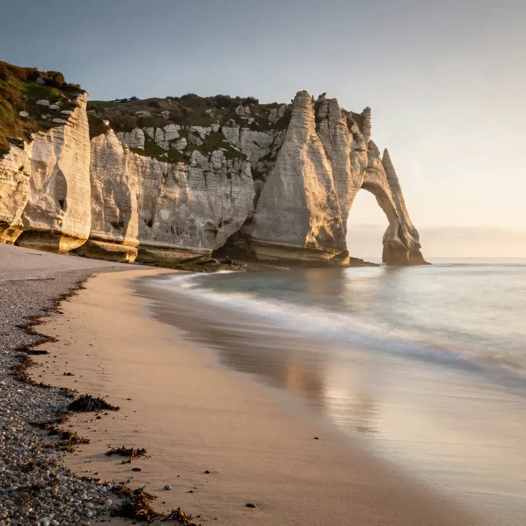 Falaises d’Étretat au coucher doré, arche rocheuse haute et plage de galets calme.