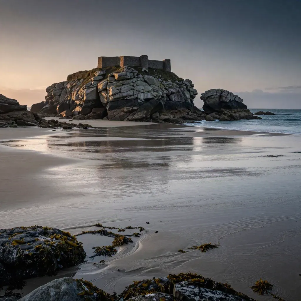 Côte bretonne au soir, rocher de granit en haut, remparts lointains et estran calme sous la brume.