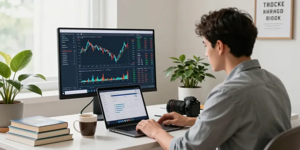 Analyse de la plateforme de trading la-couponeau.com dans un bureau moderne avec un ordinateur affichant des graphiques.