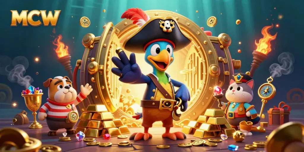 Experience the thrill of MCW's vibrant casino world with a pirate captain, bulldog, and cat amidst gold and jewels.