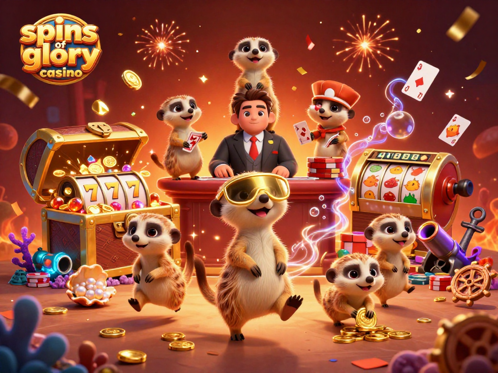 Experience excitement at spins of glory casino with animated meerkats running a lively casino setup!