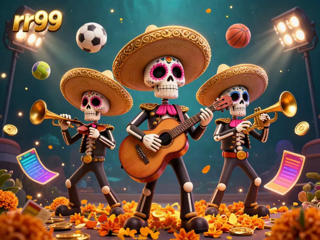 Bet on exciting rr99 adventures with a vibrant Day of the Dead mariachi scene filled with sports elements.