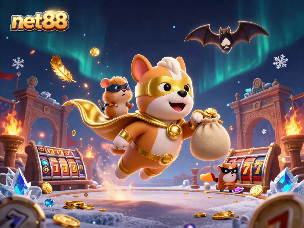 Engage with net88's vibrant casino adventure featuring golden coins, slot reels, and unique characters.