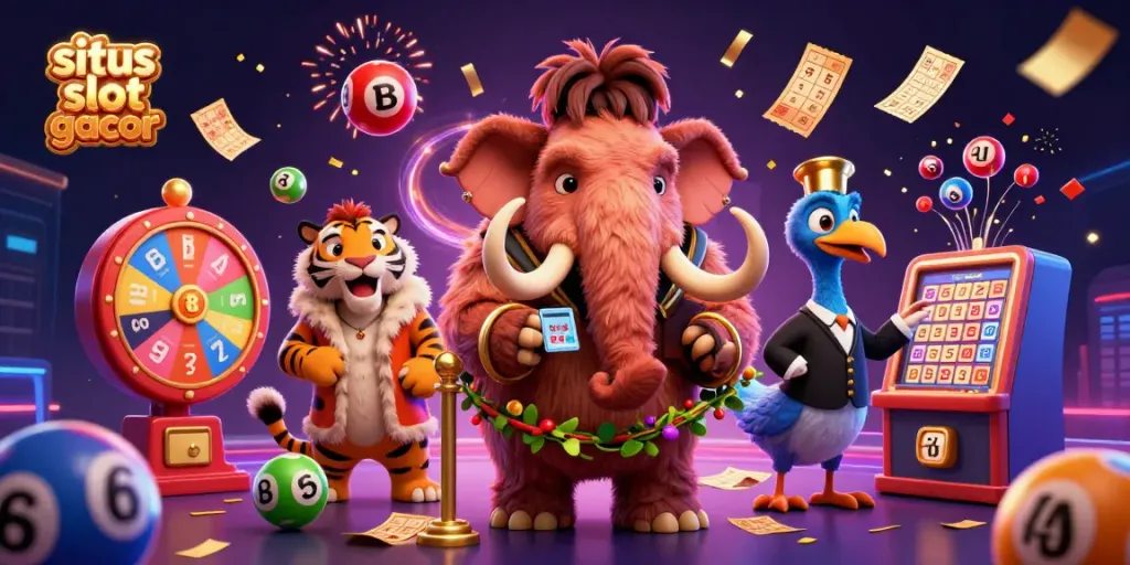 Experience the thrill of winning with situs slot gacor as a mammoth bouncer meets a VIP saber-tooth tiger in a colorful casino scene.