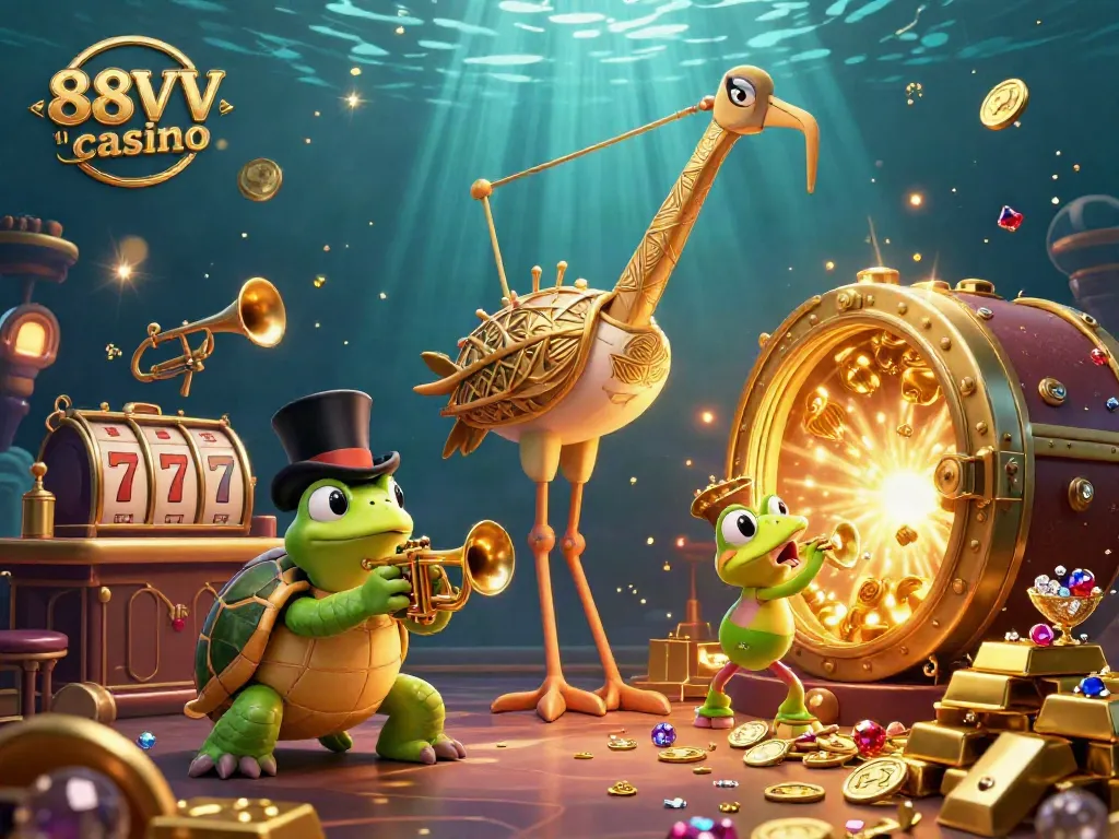 Experience the excitement of 88VV casino with a vibrant 3D illustration featuring characters and dynamic gaming elements.