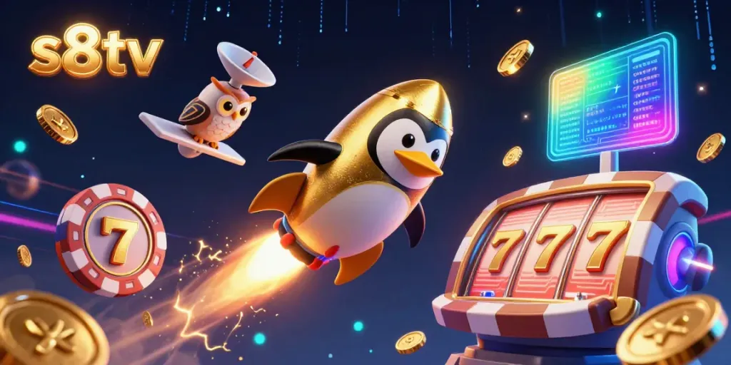 Spin to win with s8tv at the vibrant casino space adventure featuring a golden penguin and jackpots.