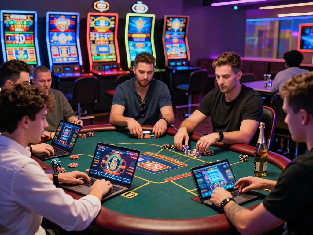 Scène de jeu de casino en ligne avec des joueurs engagés autour d'une table de poker, illustrant l'expérience du casino en ligne retrait instantané.