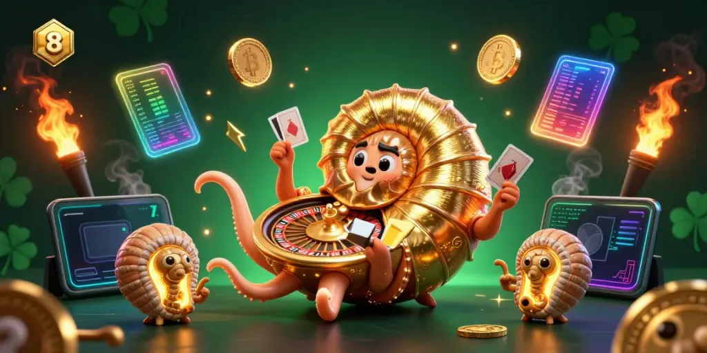 Spin the roulette with s 8's nautilus and glowing crypto treasures at this vibrant casino scene